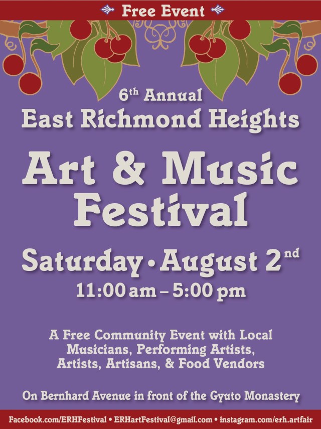 Poster with purple background and images of cherries in trees, with information about the 6th Annual East Richmond Richmond Heights Art & Music Festival