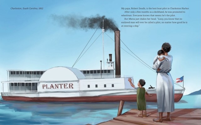 Three people, all Black with bare feet and simple clothing stand on a dock. A woman is holding a baby. A young girl waves at a boat with smoke coming out of its smokestack. The boat has the name Planter on it.