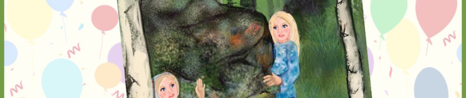 Cover of The Clock and the Boulder. (An image of two girls in the woods, looking at each other from opposite sides of a boulder, one in old-fashioned dress with an apron, the other in modern sweat pants and a tie-dye shirt.) A birthday party hat appears on the corner of the book, and the background is balloons.